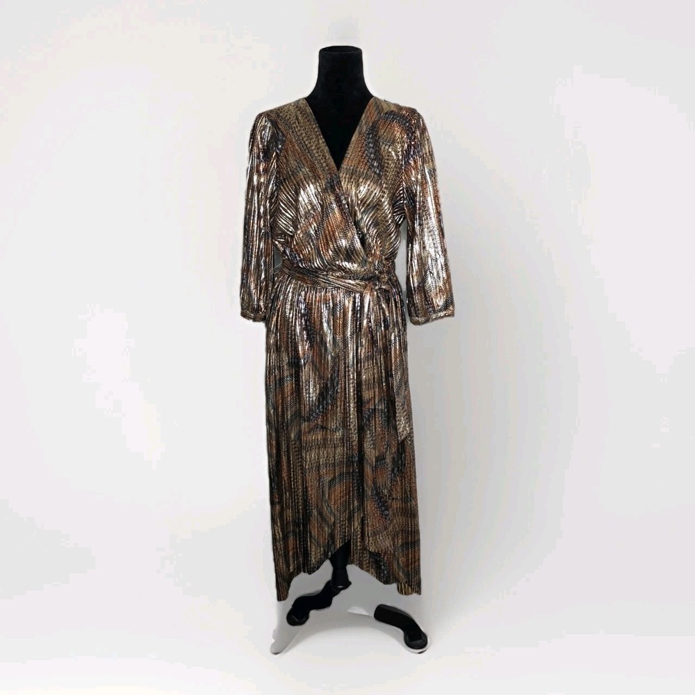 NWT Johnny Was Jade Teya Metallic Wrap Midi Dress Large‎ Print Belted Disco glam